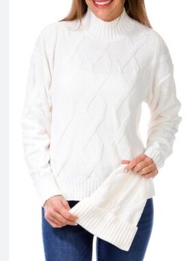 NWT Adrienne Vittadini Ivory Cable Knit Turtleneck Sweater W matching hat PL